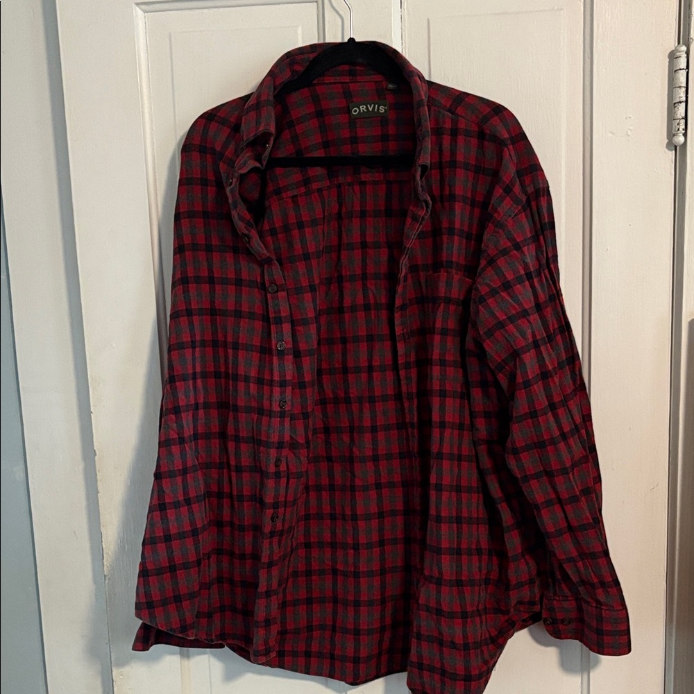Orvis Red and Black Plaid Casual Button Down Shirt